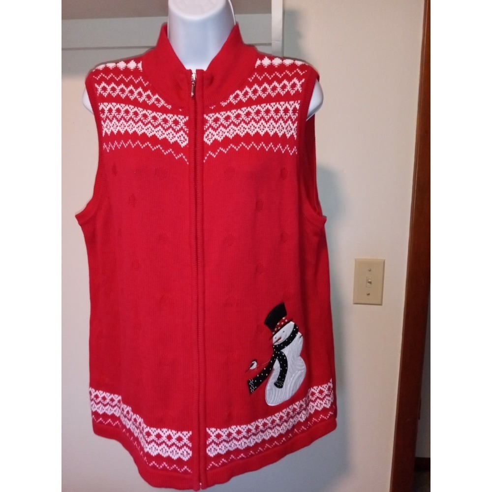 Christopher &‎ Banks Red Snowman Fair Isle Full Zip Knit Sweater Vest Womens XL